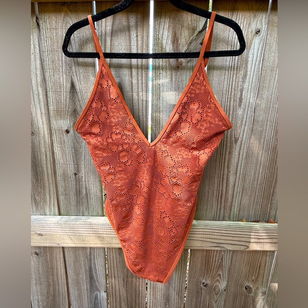 Aerie Cheeky Rust Color Lace One Piece Swimsuit NWT Large
